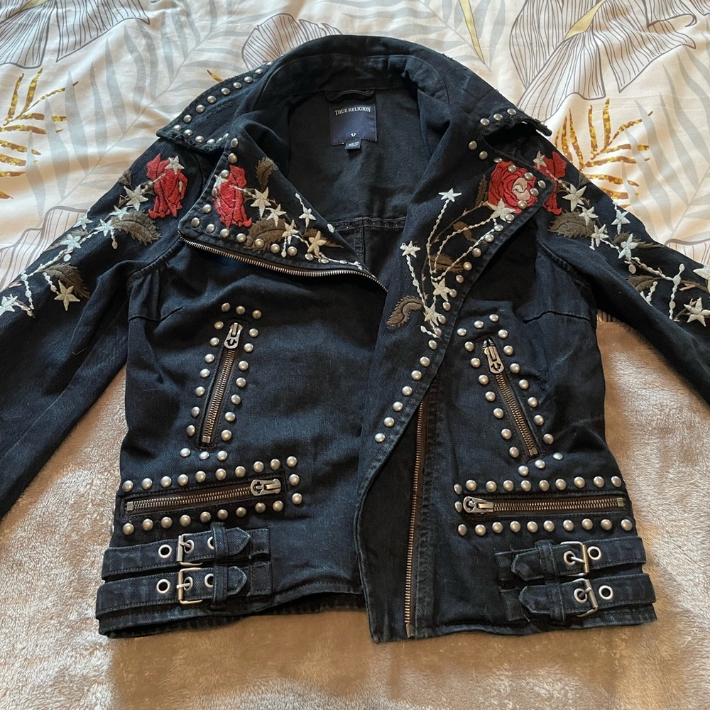 Studded moto denim jacket with red roses